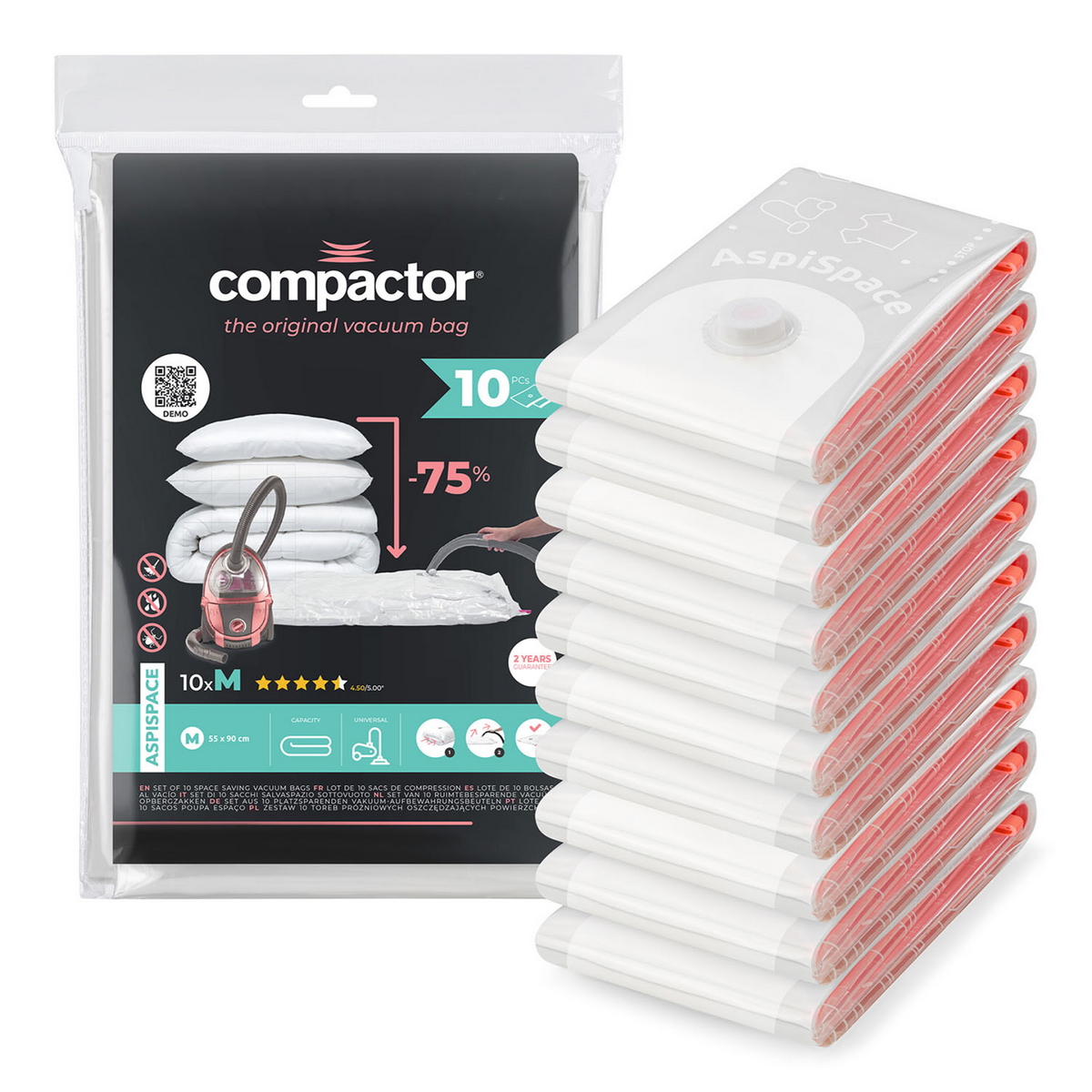 Compactor Súprava vákuových úložných vriec Aspispace M 70 l, 55 x 90 cm, 10 ks, M Compactor Súprava vákuových úložných vriec Aspispace M 70 l, 55 x 90 cm, 10 ks, M