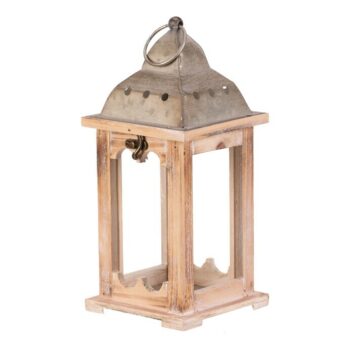 Drevený lampáš kovová strieška, v. 29 cm, prírodná