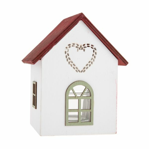 Drevený svietnik so skleneným domčekom so srdcom,15 cm, červený Drevený svietnik so skleneným domčekom so srdcom,15 cm, červený