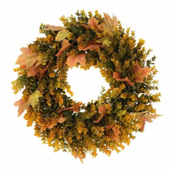 Jesenný veniec umelý Eucalyptus a javorové listy, pr. 40 cm, oranžovo-zelená