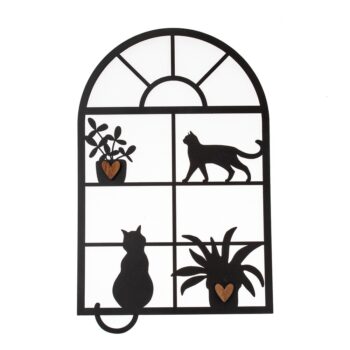 Kovová dekorácia okno s mačkami, 30 x 48 cm