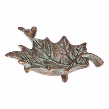 Kovové napájadlo Javorový list s vtáčikom Romance, 17 x 16 x 6 cm, medené