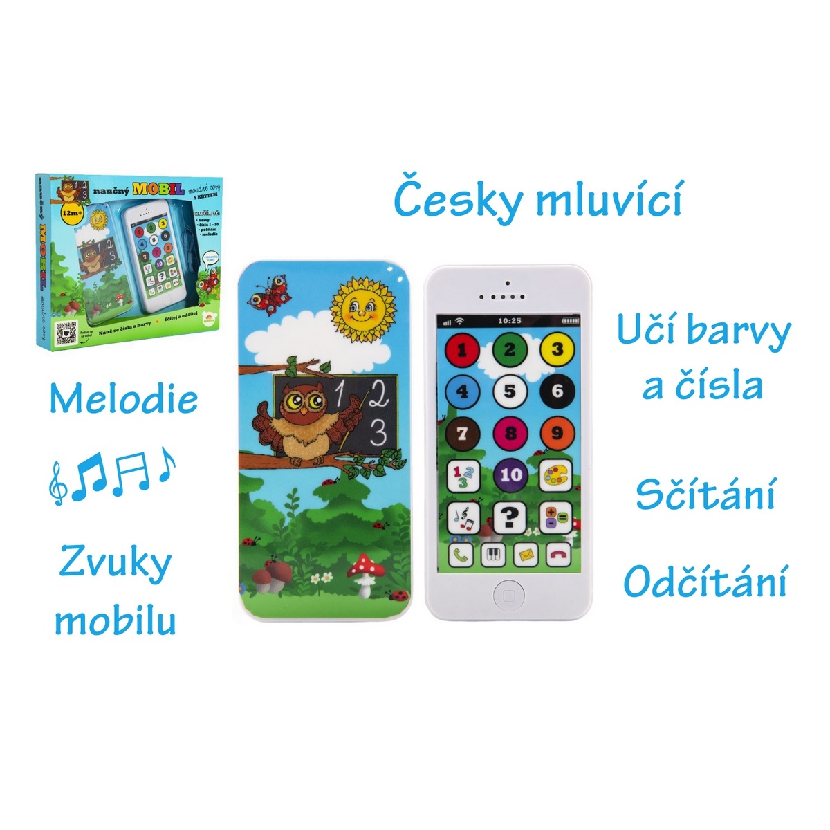 Náučný mobilný telefón múdrej sovy s krytom, plast, na batérie so zvukom, 22x18x3,5 cm 12m+ Náučný mobilný telefón múdrej sovy s krytom, plast, na batérie so zvukom, 22x18x3,5 cm 12m+