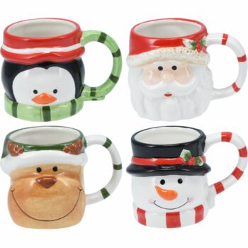 Súprava 4 vianočných keramických hrnčekov 250–280 ml