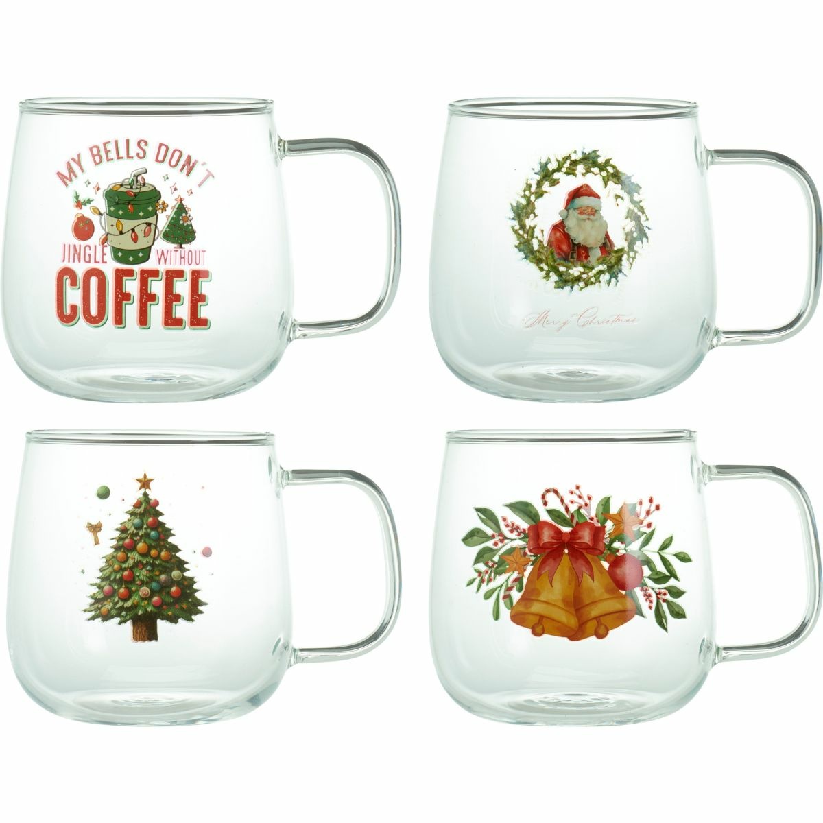 Súprava 4 vianočných sklenených hrnčekov s potlačou 400 ml Súprava 4 vianočných sklenených hrnčekov s potlačou 400 ml