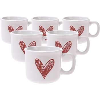 Súprava 6 keramických hrnčekov Srdiečko II, 90 ml, červená