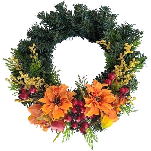 Umelý čečinový veniec Georgíny a šípky, pr. 30 cm Umelý čečinový veniec Georgíny a šípky, pr. 30 cm