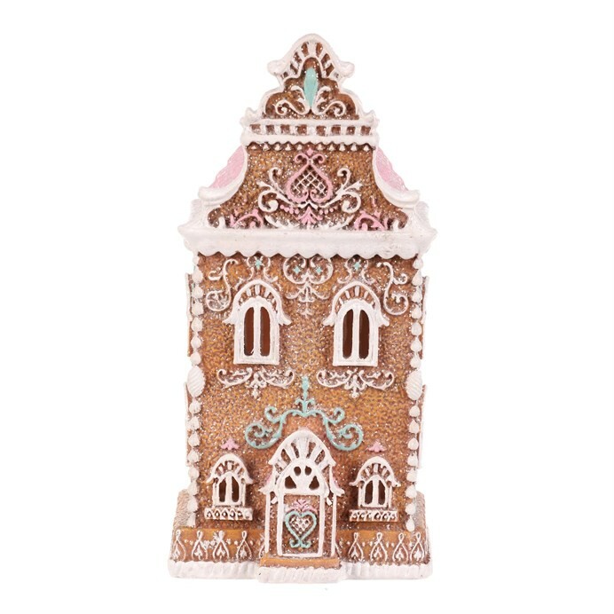 Vianočná dekorácia Perníková vežička s ružovou strechou, polyresin, LED, hnedá Vianočná dekorácia Perníková vežička s ružovou strechou, polyresin, LED, hnedá