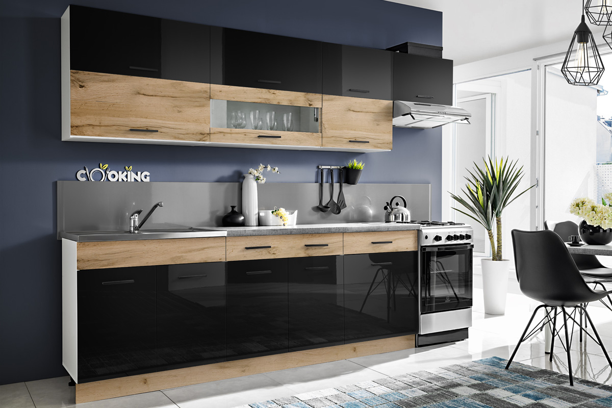 CORAL moderná kuchynská linka, wotan/čierny lesk CORAL moderná kuchynská linka, wotan/čierny lesk