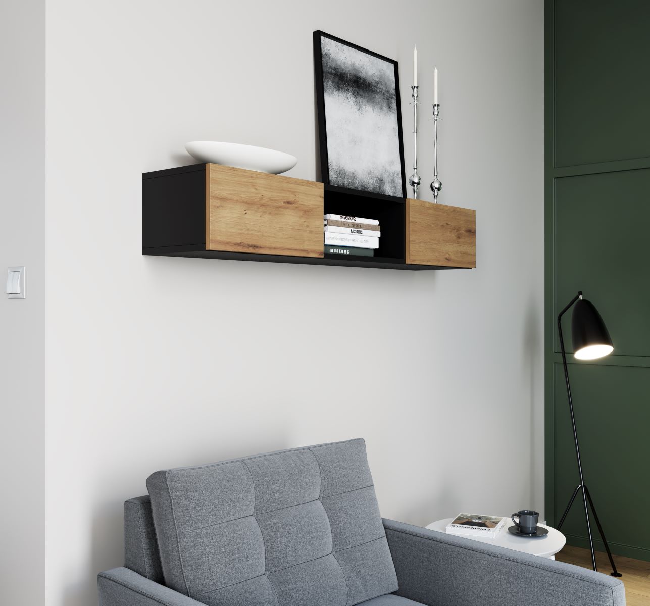 ELJEN závesná polica, čierny mat-dub artisan ELJEN závesná polica, čierny mat-dub artisan