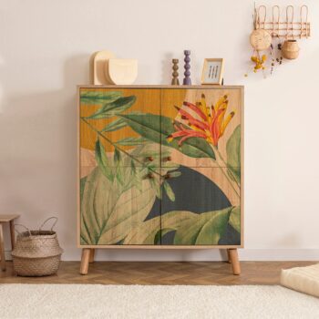 GREG štýlová komoda na nožičkách, dub Sonoma / zelená / žltá