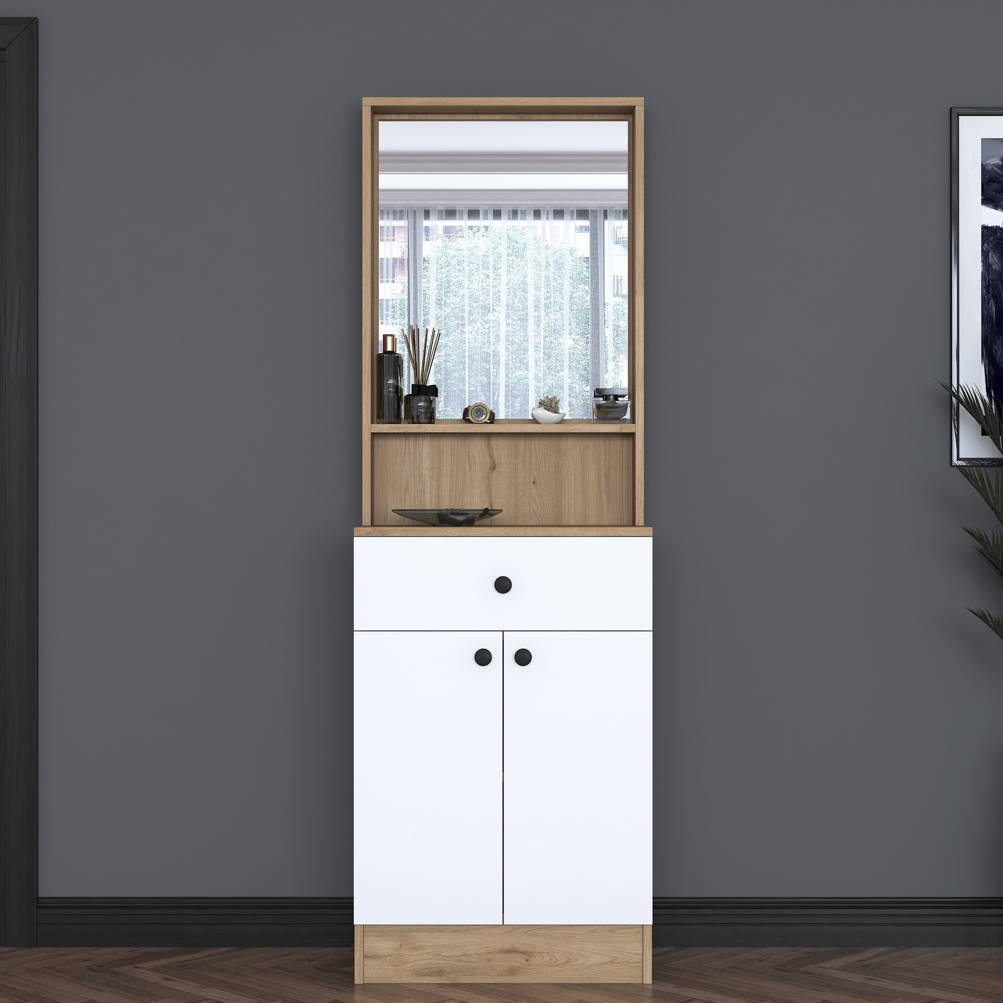 HAIR predsieňová zostava so zrkadlom, orech/biela HAIR predsieňová zostava so zrkadlom, orech/biela