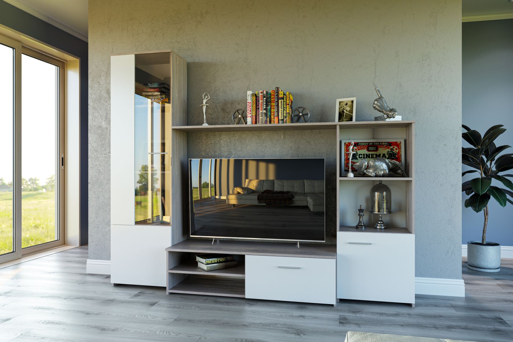 HUGO obývacia stena, biela / dub Clubhouse šedý HUGO obývacia stena, biela / dub Clubhouse šedý