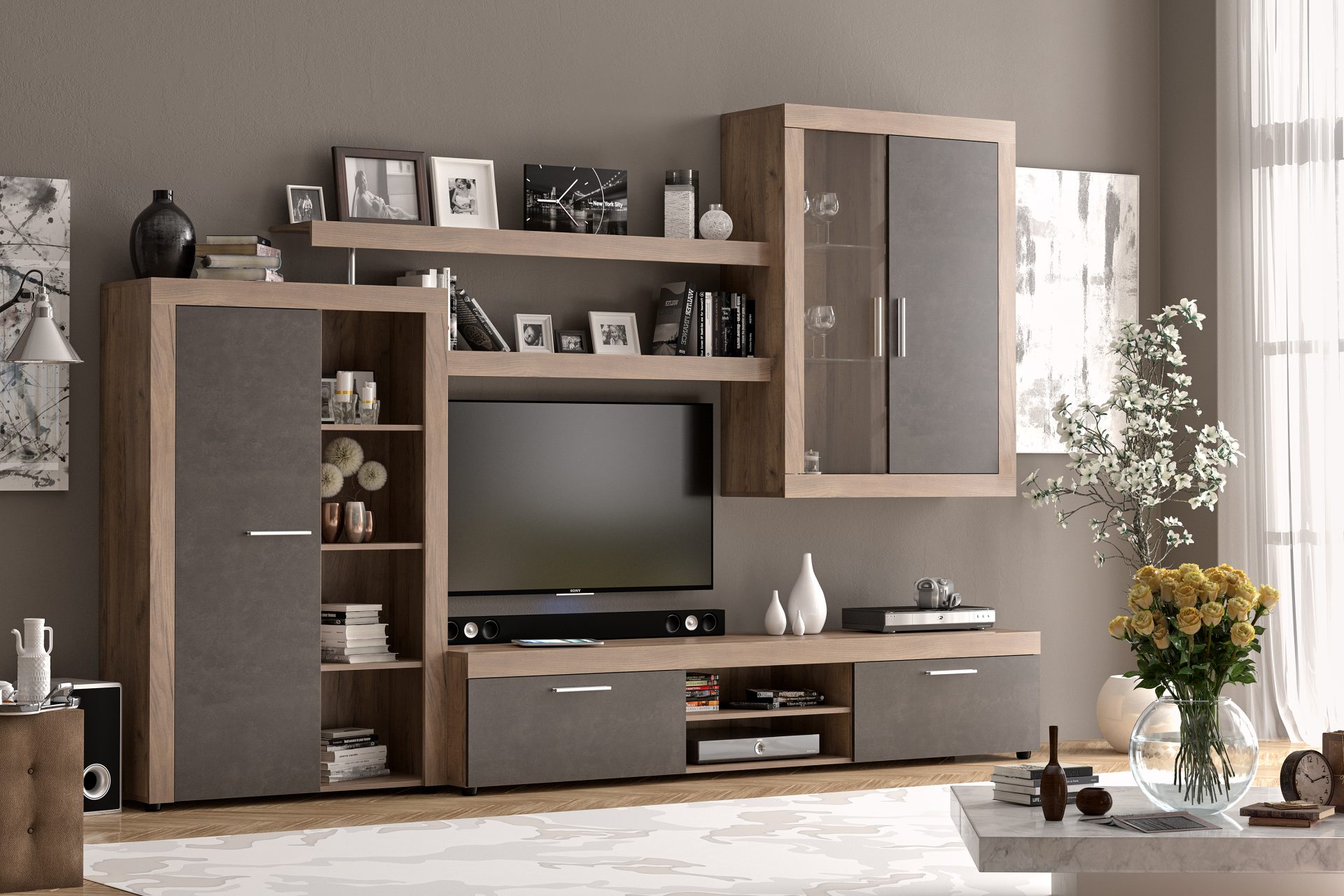 LEANS obývacia zostava, dub tabako-antracit LEANS obývacia zostava, dub tabako-antracit