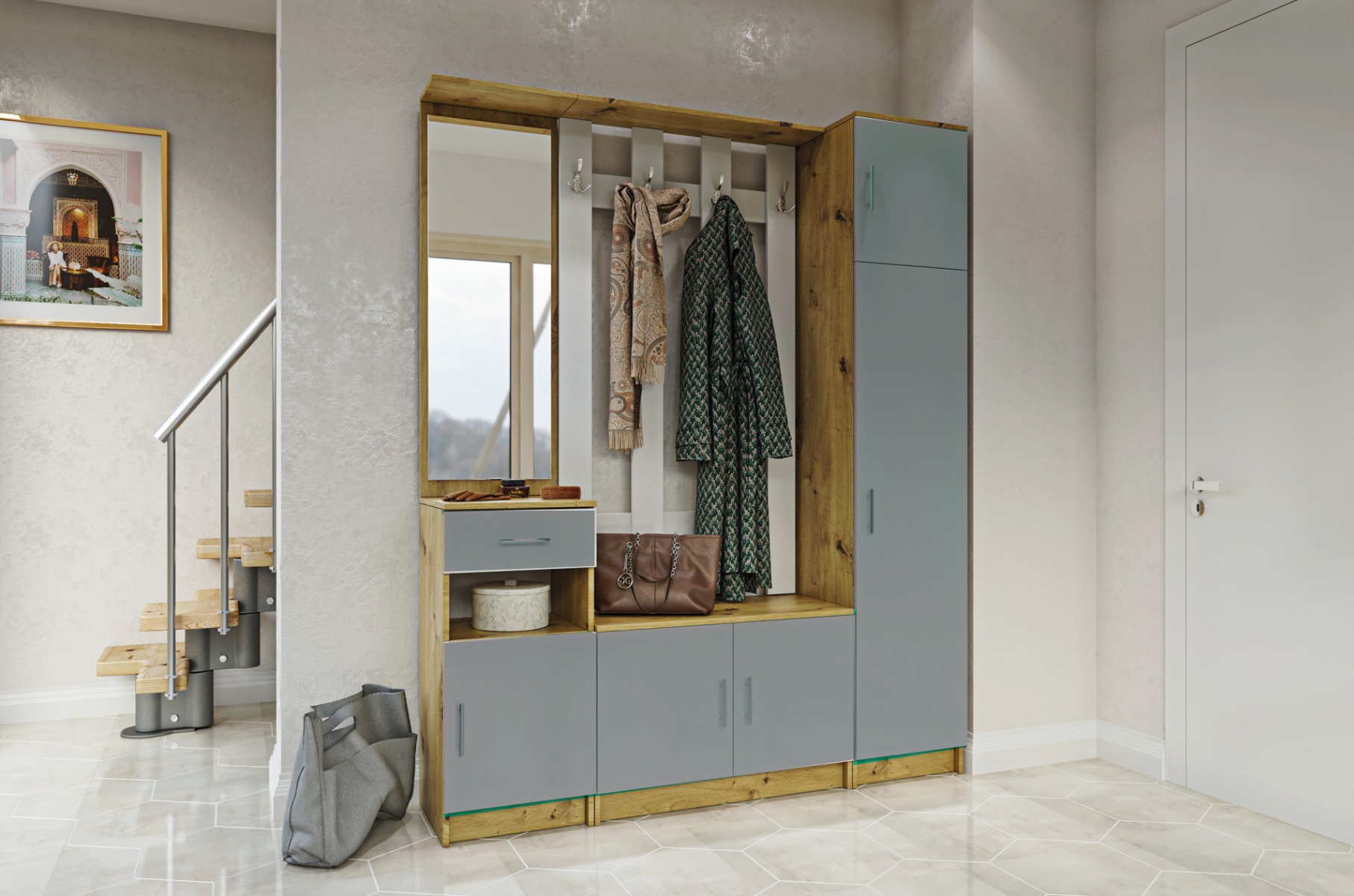 MÁŠA SET 2 predsieňová zostava, činčila/dub Artisan MÁŠA SET 2 predsieňová zostava, činčila/dub Artisan