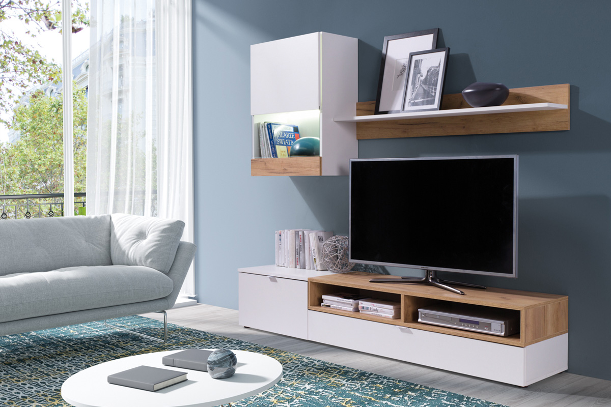 MIKIMI malá obývacia stena, biela/dub zlatý MIKIMI malá obývacia stena, biela/dub zlatý