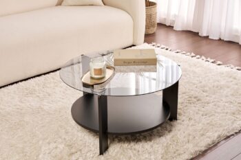 ONLY okrúhly konferenčný stolík, čierne drevo / dymové sklo