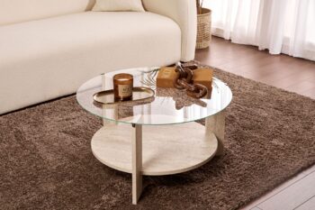 ONLY okrúhly konferenčný stolík, traventine / transparent