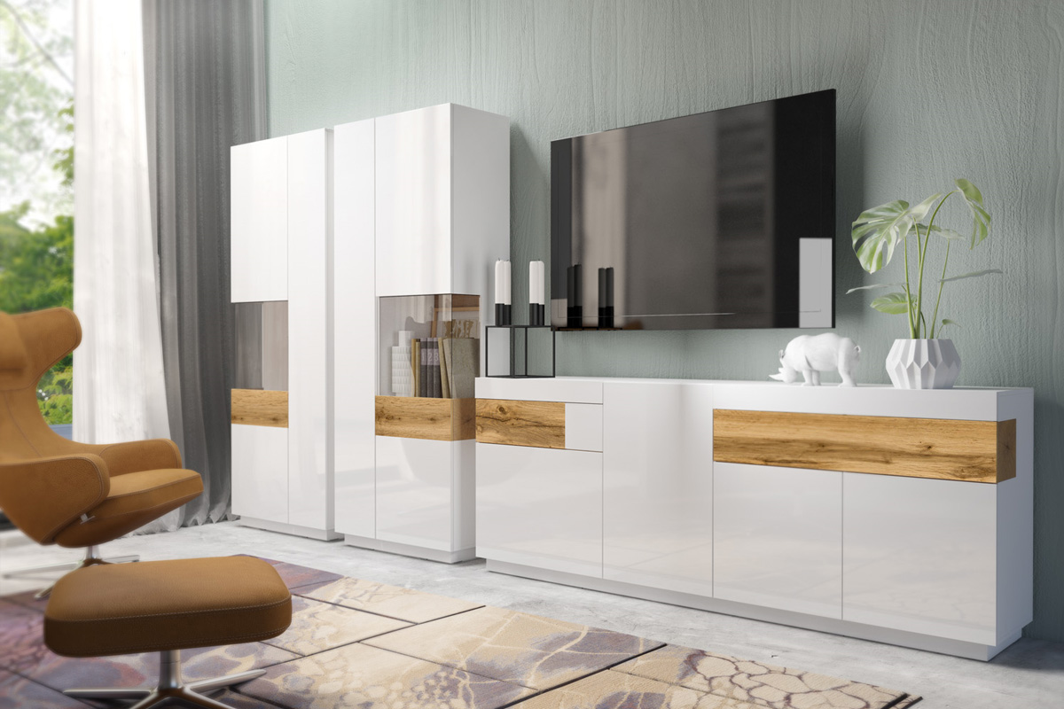 SELINKA 14 veľká obývacia zostava, biely lesk/dub wotan SELINKA 14 veľká obývacia zostava, biely lesk/dub wotan