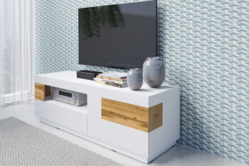 SELINKA 41 TV stolík 2 šuplíkový, biely lesk/dub wotan