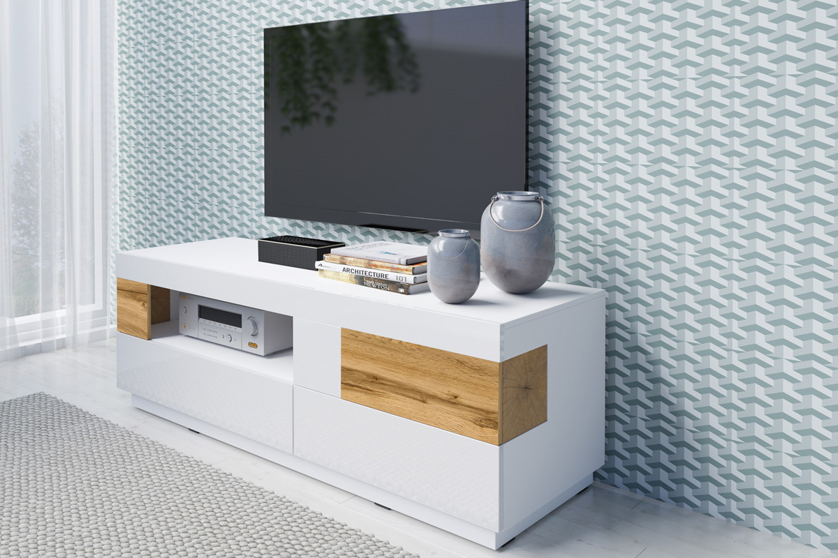 SELINKA 41 TV stolík 2 šuplíkový, biely lesk/dub wotan SELINKA 41 TV stolík 2 šuplíkový, biely lesk/dub wotan