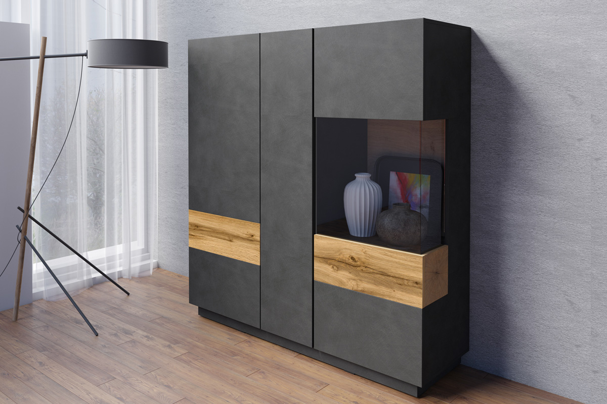 SELINKA 46 trojdverová vitrína, matera / dub Wotan SELINKA 46 trojdverová vitrína, matera / dub Wotan