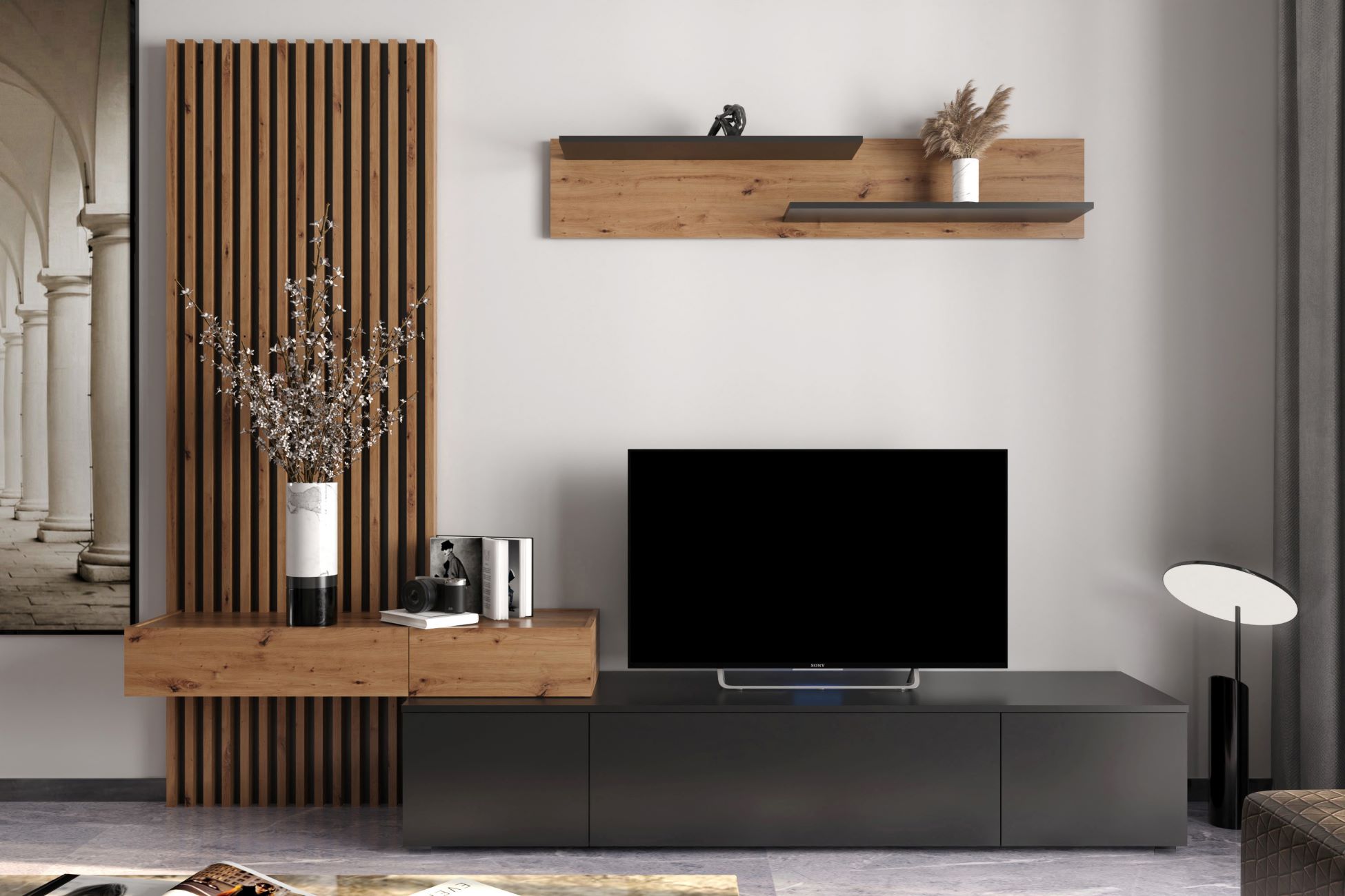 SOWETO PLUS obývacia stena, čierna / dub Artisan SOWETO PLUS obývacia stena, čierna / dub Artisan