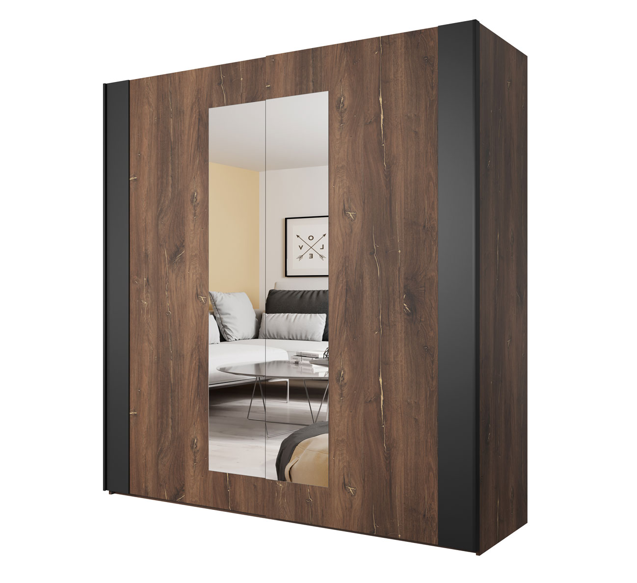 SYNONYM 18 šatníková skriňa so zrkadlom, dub Flagstaff/ čierna SYNONYM 18 šatníková skriňa so zrkadlom, dub Flagstaff/ čierna