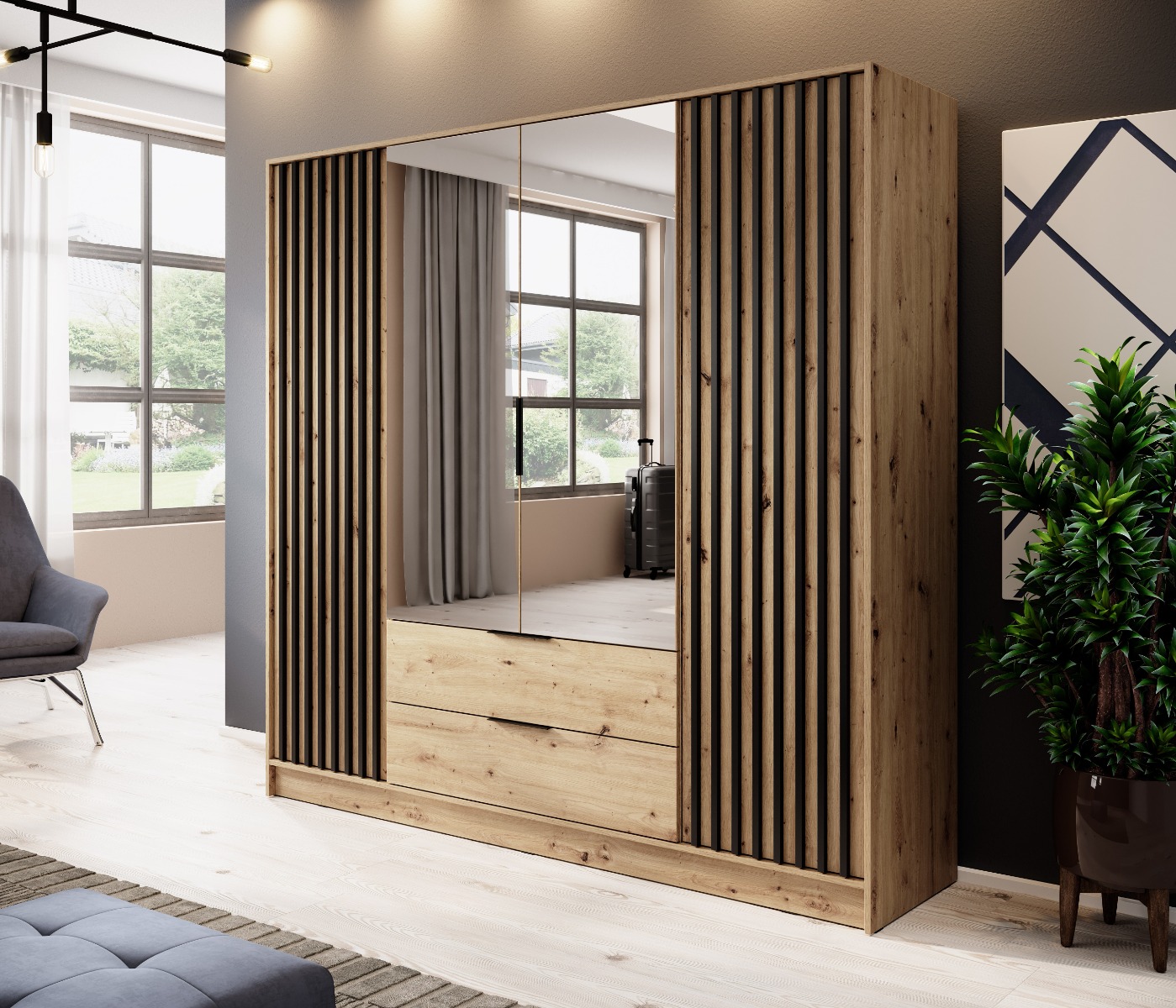 Šatníková skriňa NELA 4D dub artisan so zrkadlom Šatníková skriňa NELA 4D dub artisan so zrkadlom