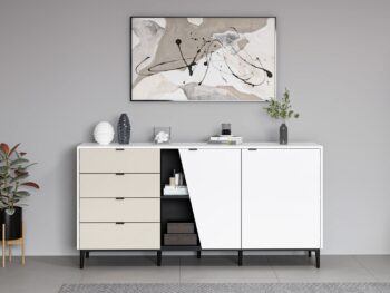 WOLF komoda na nožičkách, biela / čierna / pieskovec