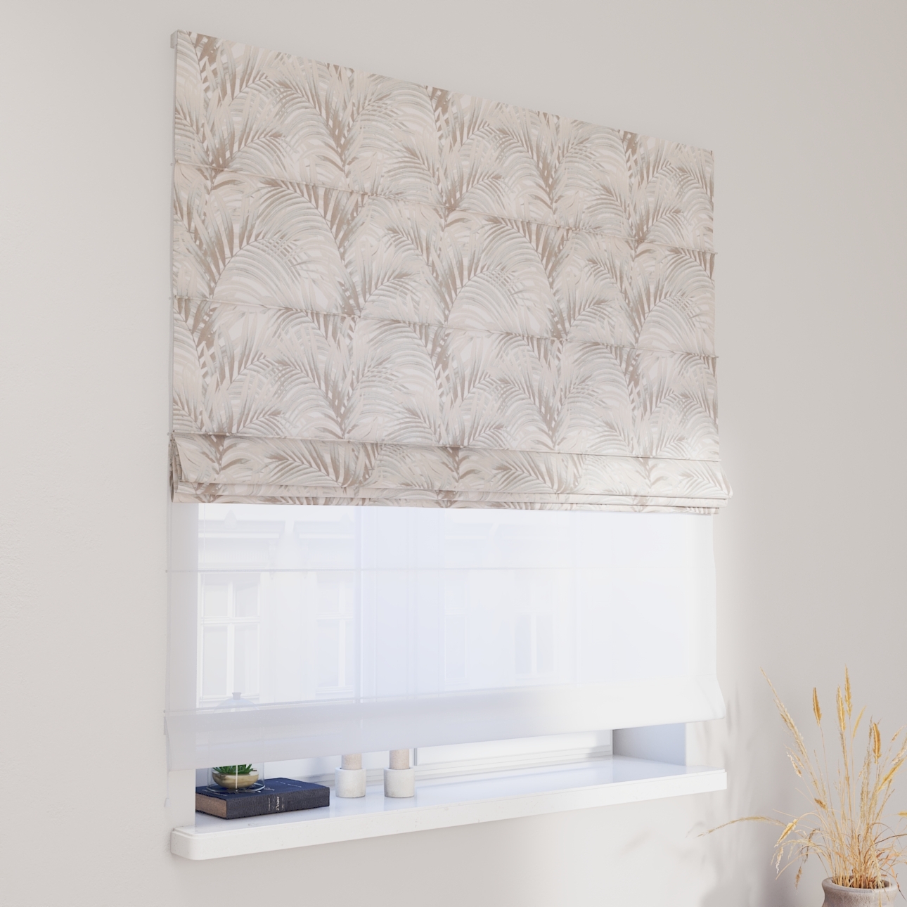 DUO Rímska roleta, béžové a krémové palmové listy na bielom pozadí , Gardenia, 142-14 DUO Rímska roleta, béžové a krémové palmové listy na bielom pozadí , Gardenia, 142-14