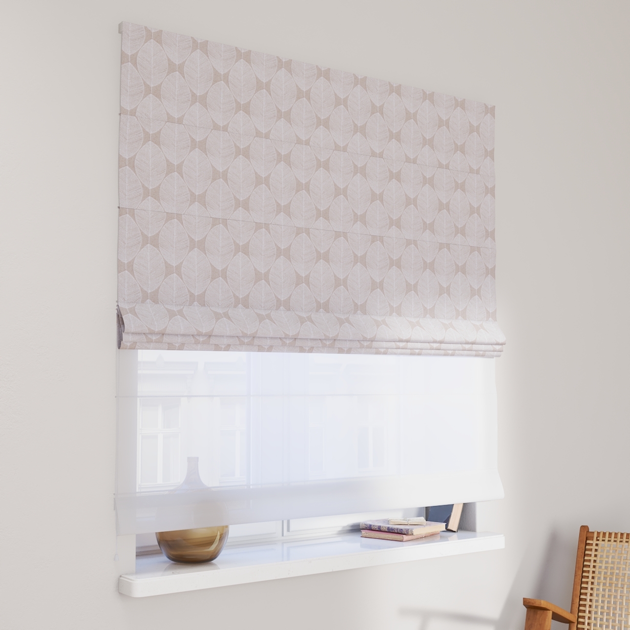 DUO Rímska roleta, biele listy na béžovom podklade , Sunny, 143-85 DUO Rímska roleta, biele listy na béžovom podklade , Sunny, 143-85