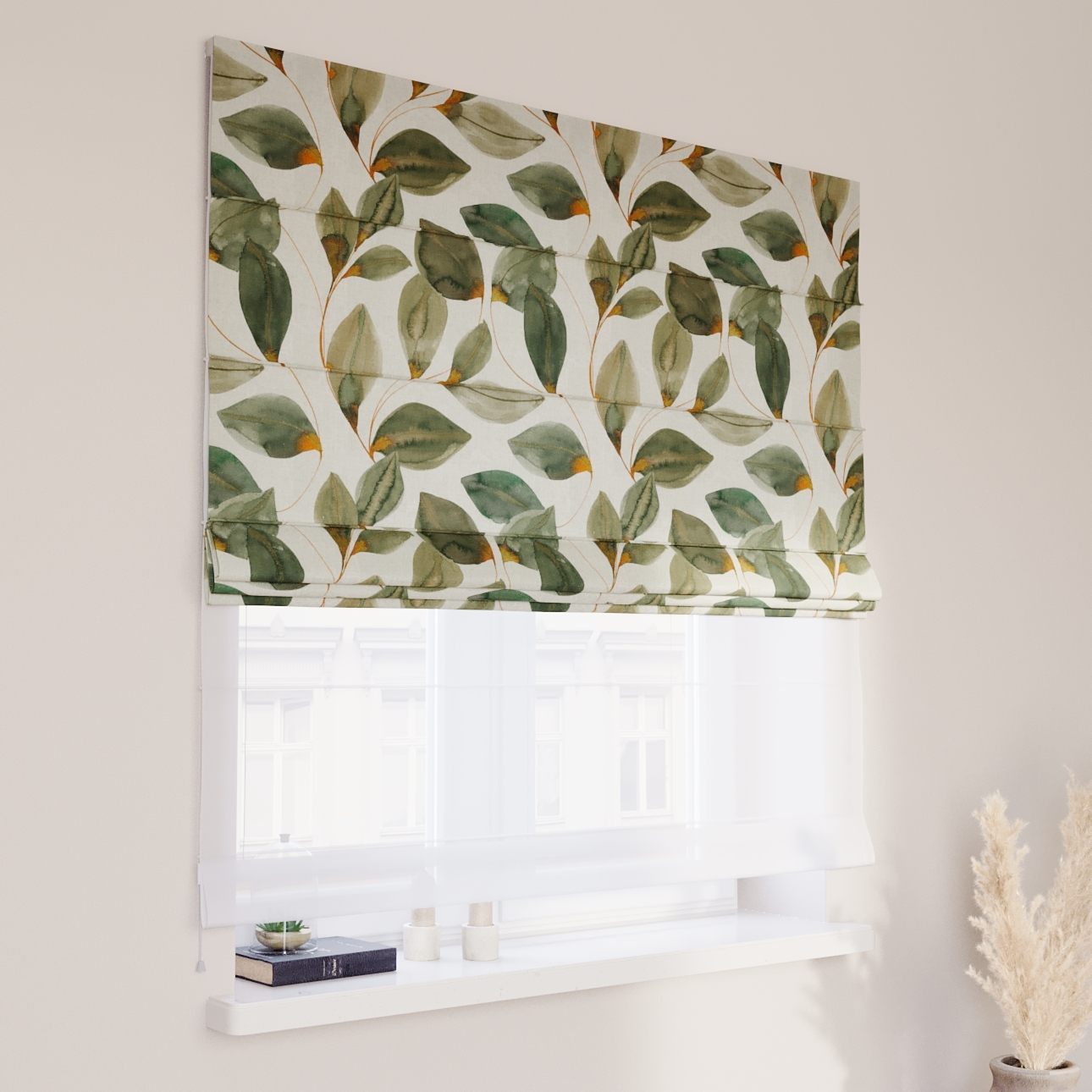 DUO Rímska roleta, pomarančovo - hnedé listy na sivom plátne, Abigail, 143-17 DUO Rímska roleta, pomarančovo - hnedé listy na sivom plátne, Abigail, 143-17