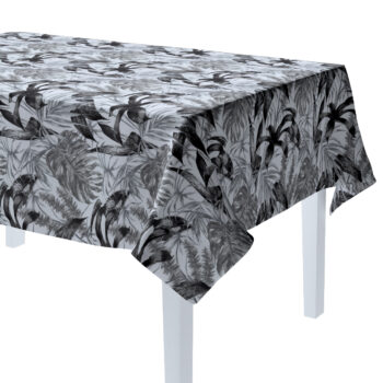 Obrus na stôl obdĺžnikový, šedo - čierne listy na bielom pozadí, Výpredaj, 151-96