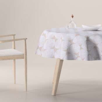 Obrus okrúhly, biele listy na béžovom podklade , Sunny, 143-85