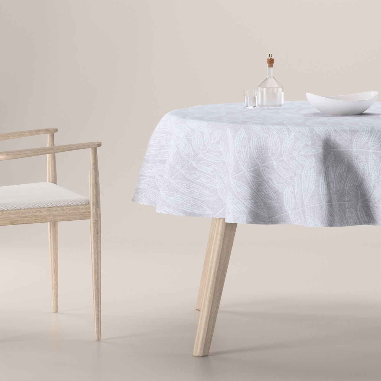 Obrus okrúhly, biele listy na sivom podklade , Sunny, 143-84 Obrus okrúhly, biele listy na sivom podklade , Sunny, 143-84