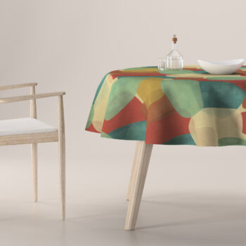 Obrus okrúhly, geometryczne wzory w czerwono-zielonej kolorystyce, Vintage 70's, 143-75