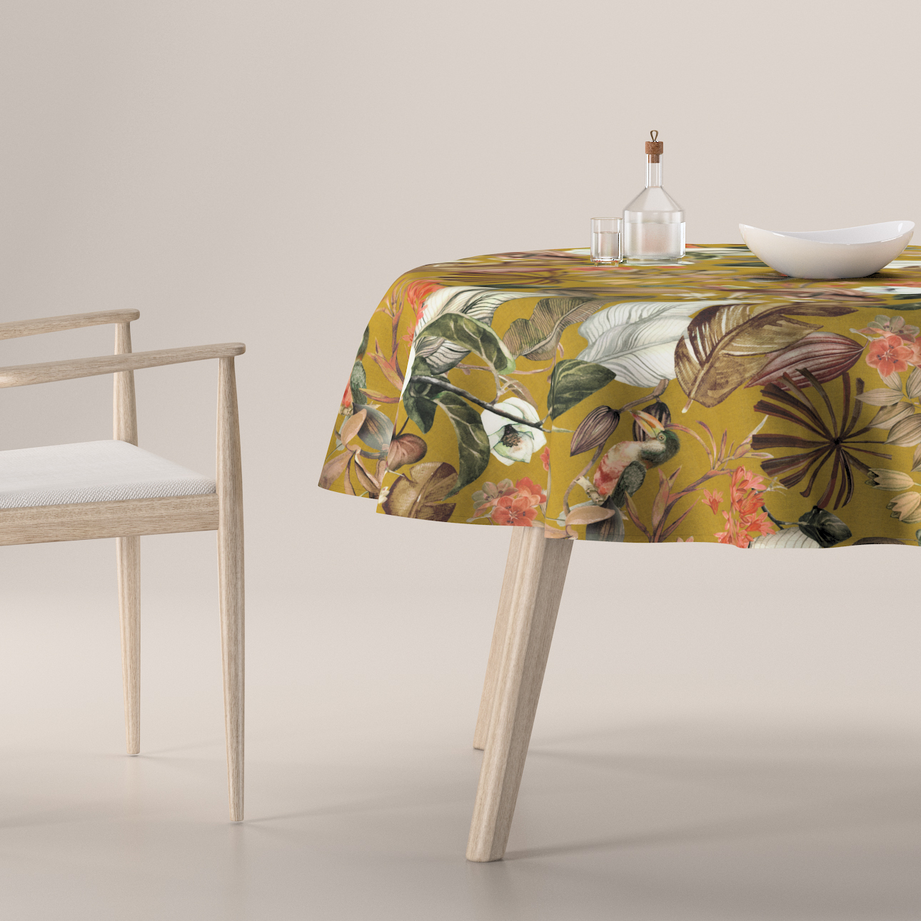 Obrus okrúhly, kvety na horčicovom podklade, Abigail, 143-09 Obrus okrúhly, kvety na horčicovom podklade, Abigail, 143-09