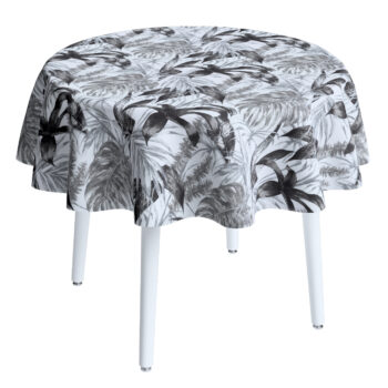 Obrus okrúhly, šedo - čierne listy na bielom pozadí, Výpredaj, 151-96