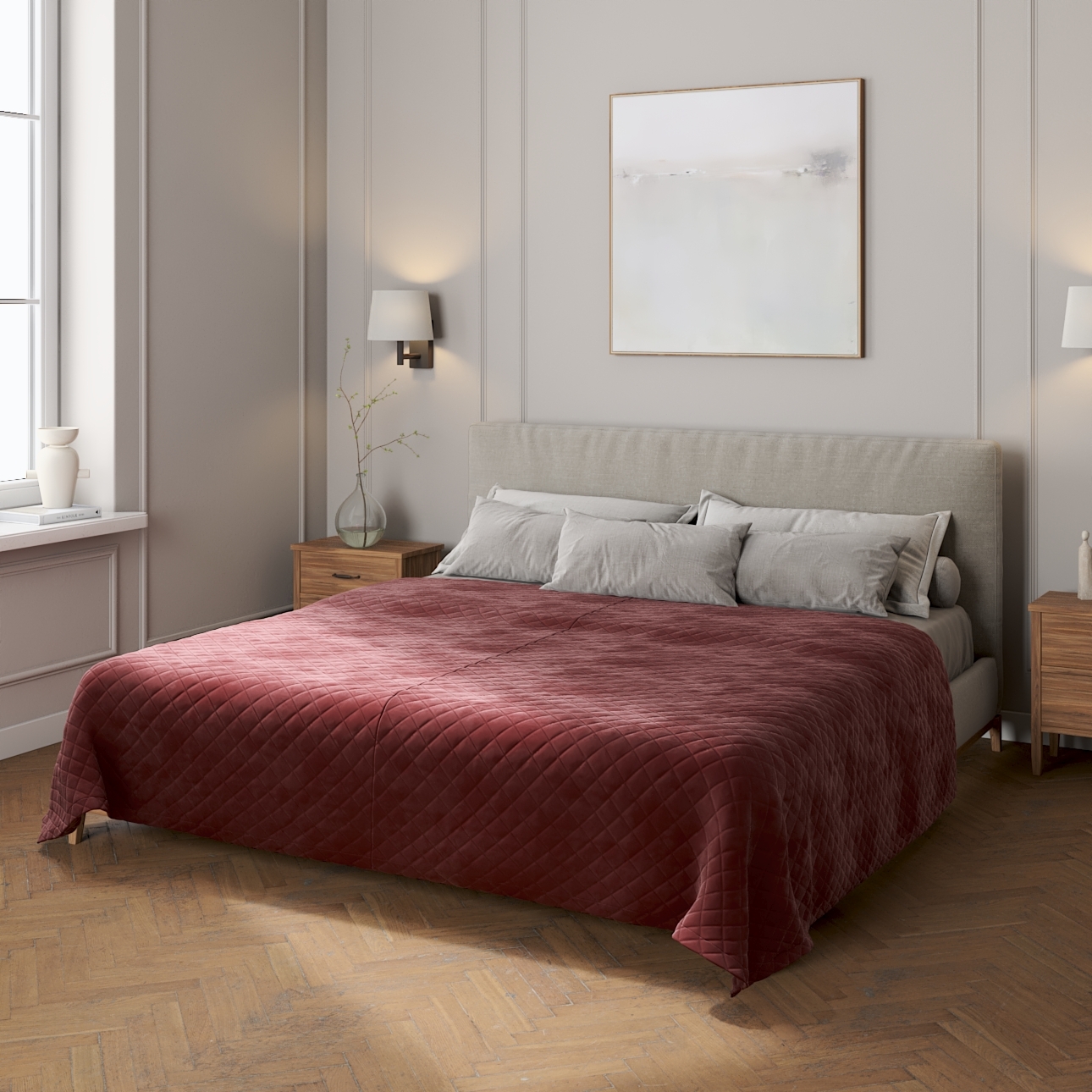 Prehoz prešívaný do kosoštvorcov, Bordeaux, Velvet, 704-26 Prehoz prešívaný do kosoštvorcov, Bordeaux, Velvet, 704-26