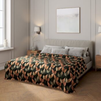 Prehoz prešívaný do štvorcov, borskyňovo - hnedé listy na čiernom pozadí, Abigail, 143-21