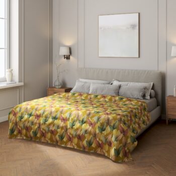 Prehoz prešívaný do štvorcov, farebné lístie na horčicovom podklade, Abigail, 143-22