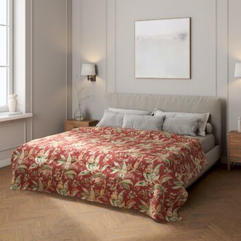 Prehoz prešívaný do štvorcov, kvetinové vzory na pozadí z tehlovo-červenom podklade, Gardenia, 142-12