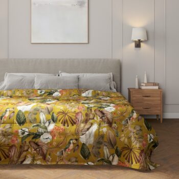 Prehoz prešívaný do štvorcov, kvety na horčicovom podklade, Abigail, 143-09