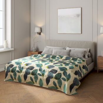 Prehoz prešívaný do štvorcov, smaragdovo - zelené listy s fialovým nádychom na plátne, Abigail, 143-15