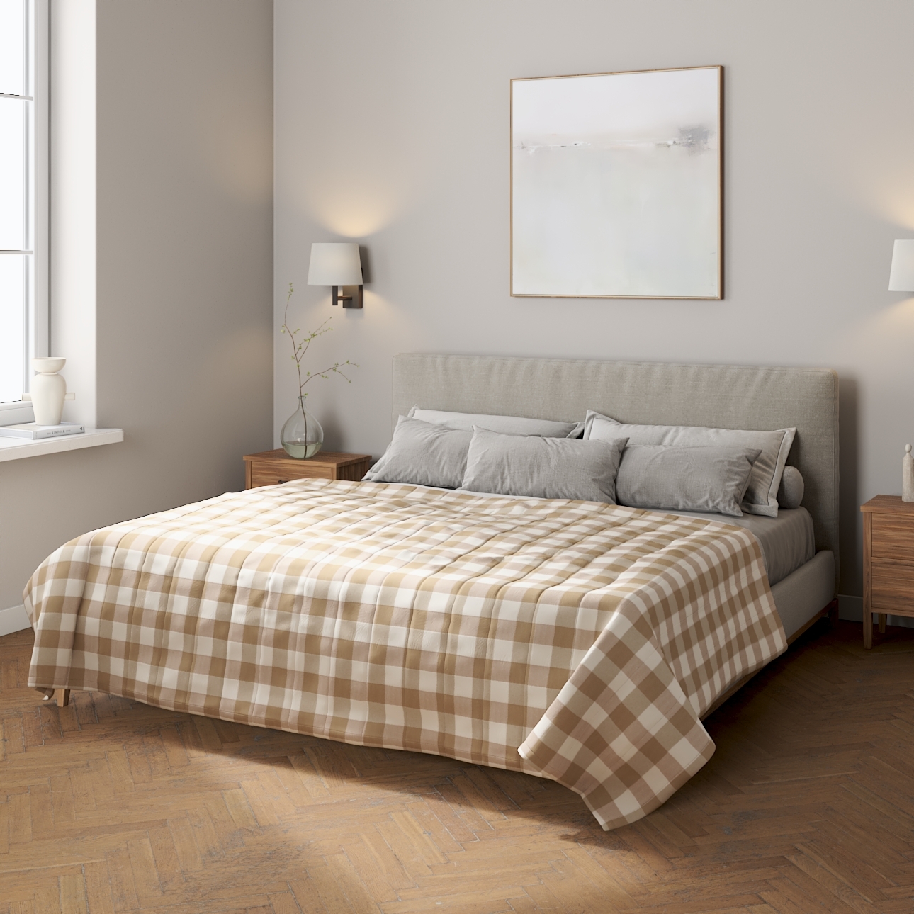 Prehoz s pozdĺžným prešívaním, béžovo-biele veľké káro, Quadro, 136-08 Prehoz s pozdĺžným prešívaním, béžovo-biele veľké káro, Quadro, 136-08