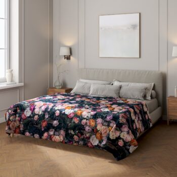 Prehoz  s pozdĺžným prešívaním, farebné kvety na tmavom pozadí, Gardenia, 161-02