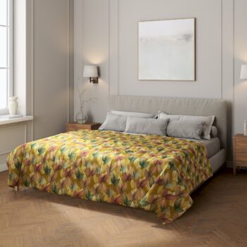 Prehoz  s pozdĺžným prešívaním, farebné lístie na horčicovom podklade, Abigail, 143-22