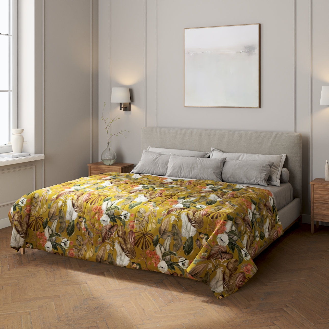 Prehoz s pozdĺžným prešívaním, kvety na horčicovom podklade, Abigail, 143-09 Prehoz s pozdĺžným prešívaním, kvety na horčicovom podklade, Abigail, 143-09