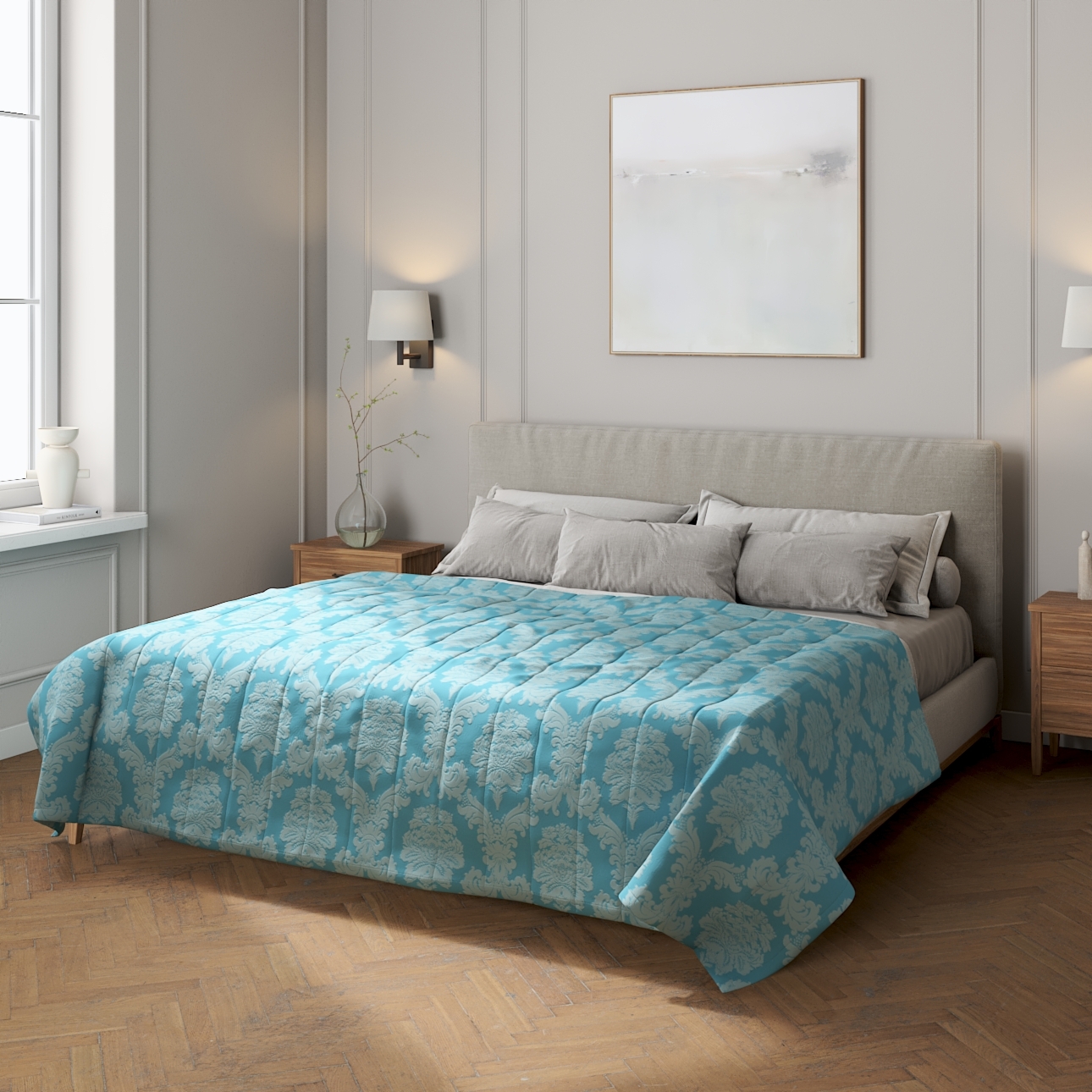 Prehoz s pozdĺžným prešívaním, modrá, Damasco, 613-67 Prehoz s pozdĺžným prešívaním, modrá, Damasco, 613-67